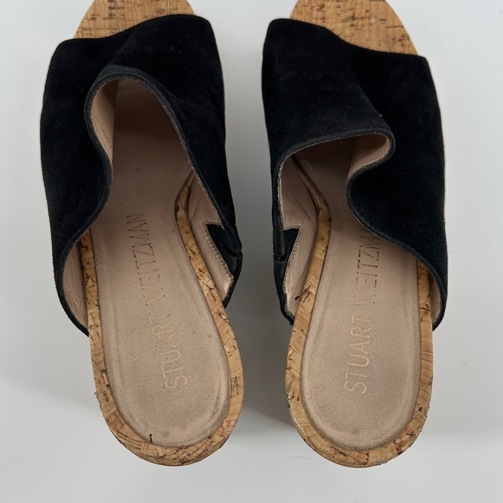 Stuart Weitzman 70s Retro Boho Black Cork Wedge Sandals Causal Chic Sz 10.5 - Picture 7 of 12